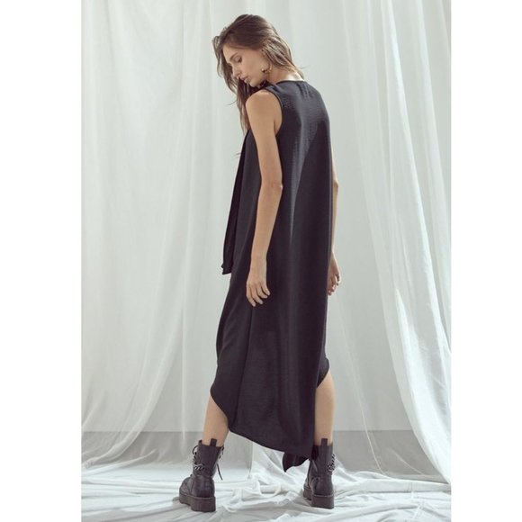 Black V-Neck Draped Sleeveless High Low Dress - Picture 6 of 6